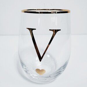 Gold Monogram V Wine Glass Stemless Gold Rim 15 oz Hostess Gift